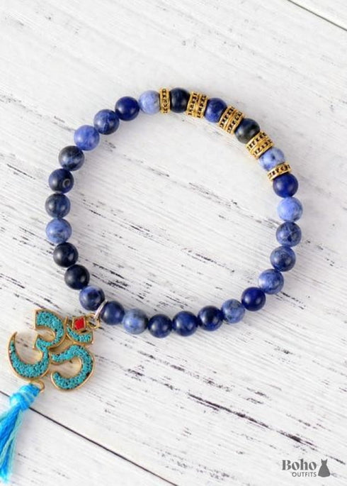 Boho Bracelet, Stretch Yoga Mala Bracelet, Natural Stone Tibetan OM 6 Colors